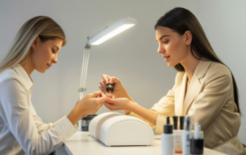 Woman receiving organic manicure in a modern nail salon with clean and airy atmosphere