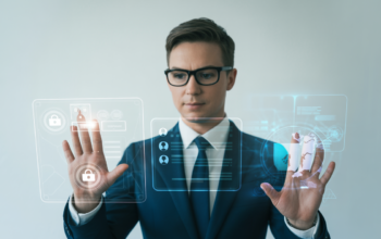 Confident business professional with digital cybersecurity icons on white background representing cybersecurity consulting in Canada