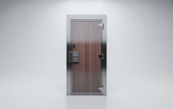 High-quality image of a modern safe room door showcasing steel and wood veneer design with strong construction on a neutral background