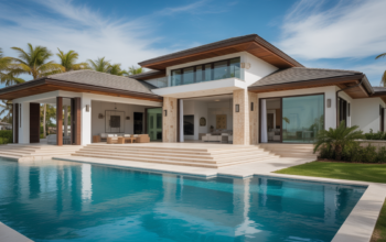 Photorealistic image of a luxury Florida coastal home exterior featuring Mediterranean design elements with spacious outdoor living areas and natural stone finish
