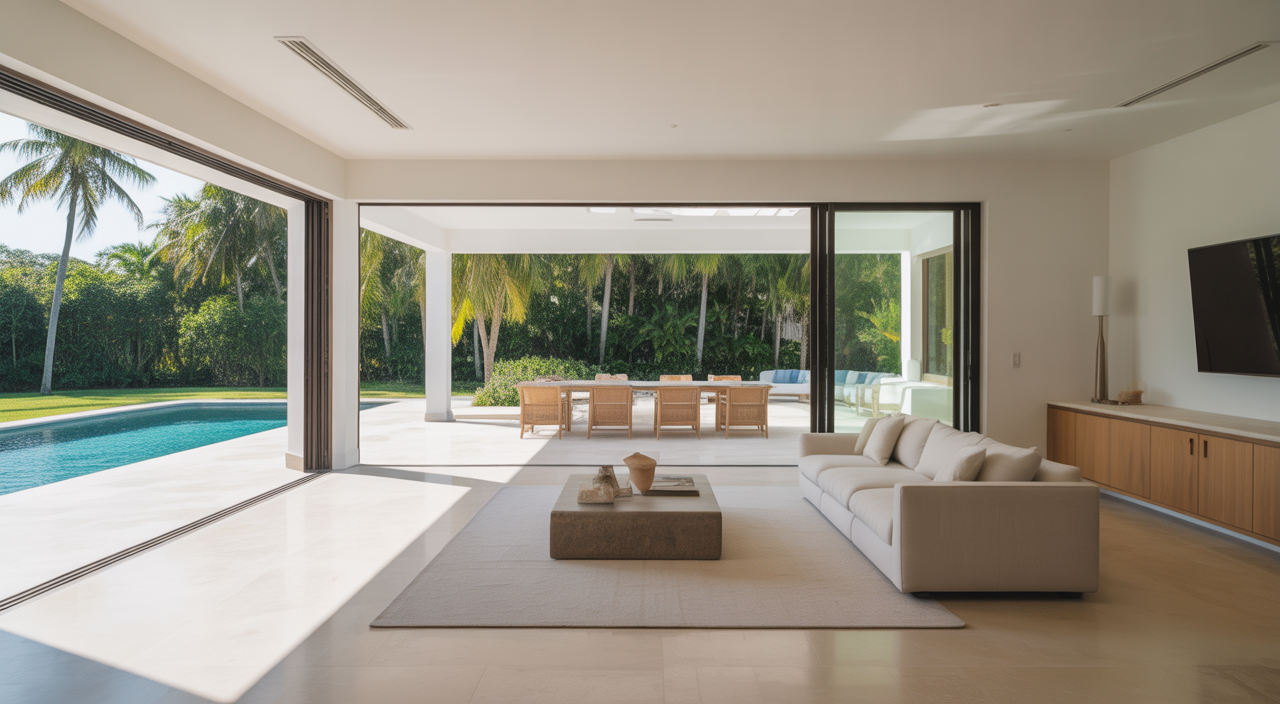 Modern Florida luxury home exterior with poolside deck and large glass openings