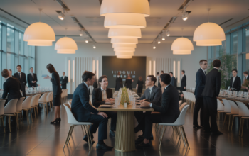Hero image of a sophisticated corporate event setup featuring event planners and executives in discussion with a modern and elegant ambiance