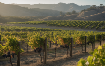 Photorealistic image of a boutique winery vineyard in Napa Valley showing ripe grapevines and rolling hills under natural sunlight