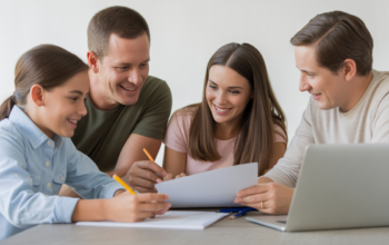 Happy family collaborating on college application documents in a bright, clean setting