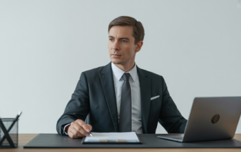 Confident securities fraud lawyer working with legal documents and laptop in a bright professional office setting