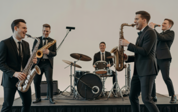Live wedding band performing passionately on stage at an elegant modern NYC wedding venue with joyful musicians playing saxophone, drums, and vocals