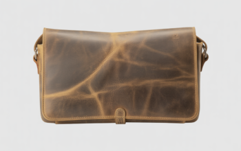 Close-up of full-grain distressed leather texture with natural grain and patina on vintage messenger bag, isolated on white background