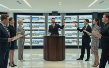 Luxury real estate auction event with professional bidders and auctioneer in a contemporary setting