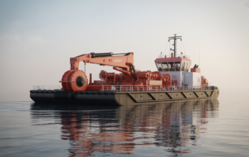 Photorealistic image of a hydraulic cutter suction dredger on calm water at sunrise, highlighting dredging machinery